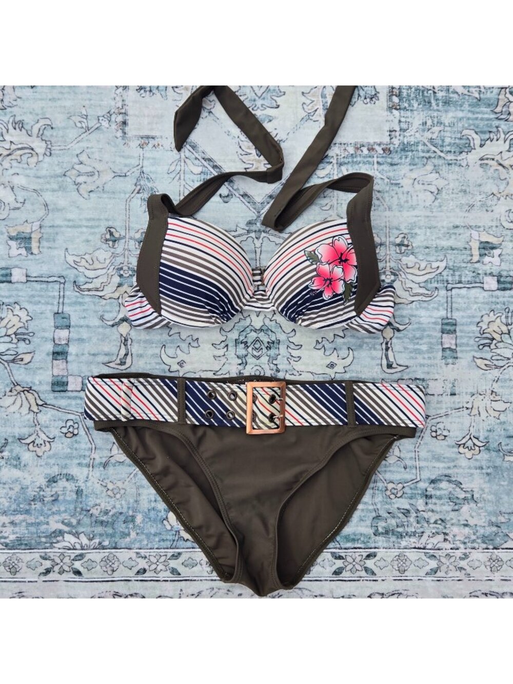 Y2K Belted Bikini Underwire Push Up Khaki Green Pink Stripe Top 10 Bottoms 12